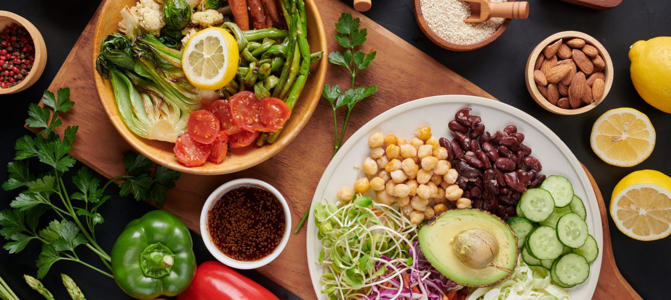 Vegan protein source. Buddha bowl dish, avocado, pepper, tomato,
