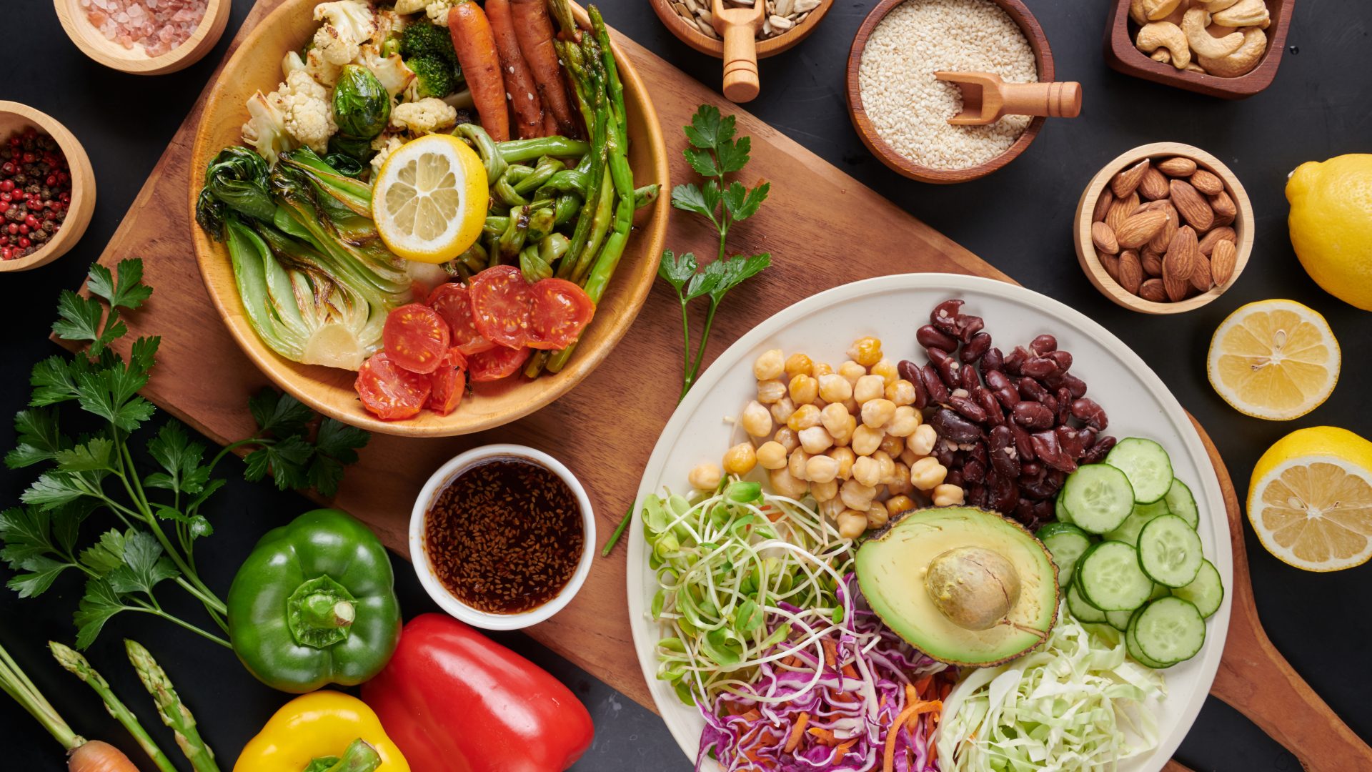 Vegan protein source. Buddha bowl dish, avocado, pepper, tomato,